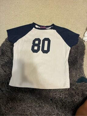 Edikted White & Navy Raglan Tee with '80' Graphic